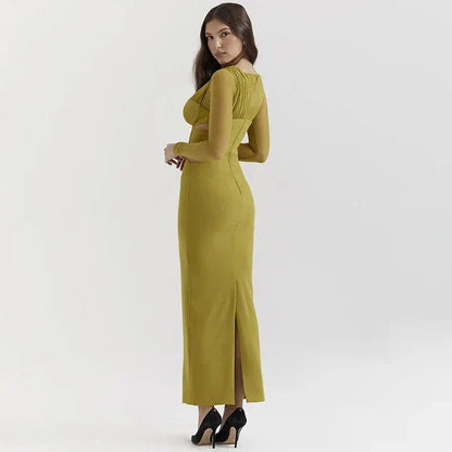 Elegant one-shoulder mesh bodycon maxi dress in green colour, perfect for formal events and night outs
