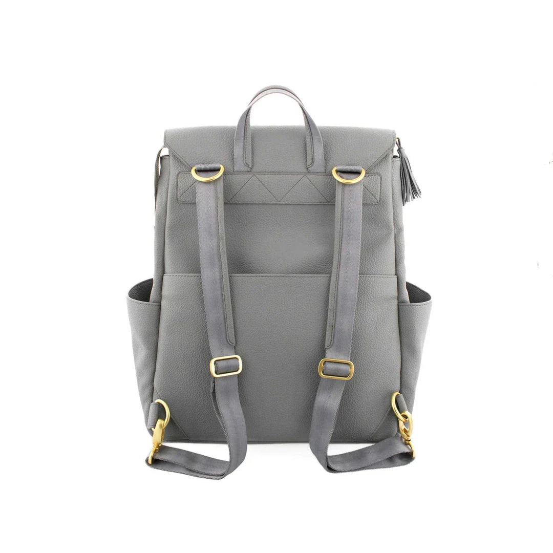Premium PU leather mummy bag in light grey with stylish striped pattern, designed for the modern UK parent