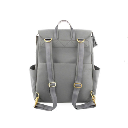 Premium PU leather mummy bag in light grey with stylish striped pattern, designed for the modern UK parent