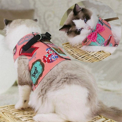 Premium cat harness with adjustable straps and leash for outdoor adventures, featuring a sophisticated gentleman's style design.
