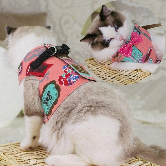 Premium cat harness with adjustable straps and leash for outdoor adventures, featuring a sophisticated gentleman's style design.