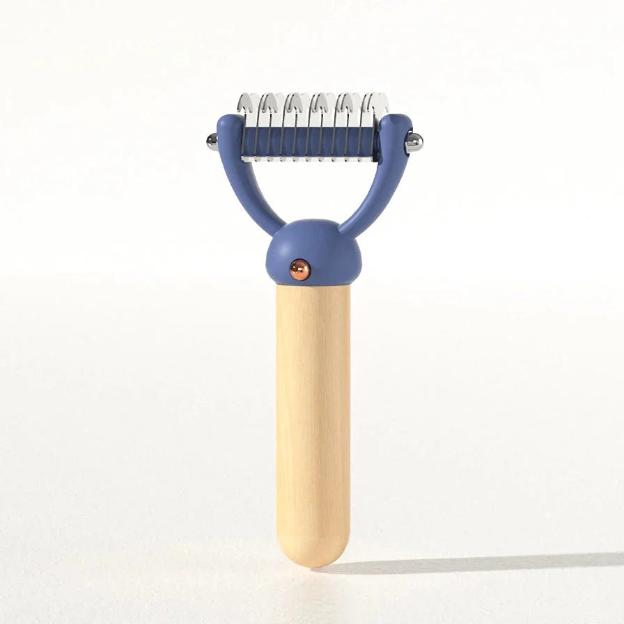 Double-sided pet hair comb with stainless steel blades and ergonomic wooden handle for effective grooming