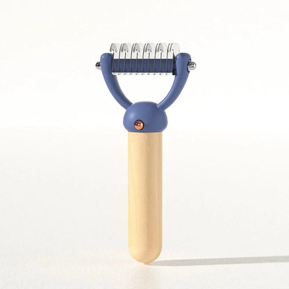Double-sided pet hair comb with stainless steel blades and ergonomic wooden handle for effective grooming