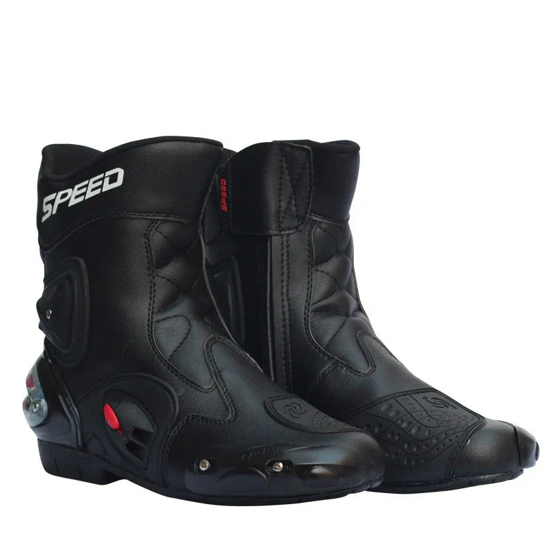 Premium motorcycle riding boots with durable microfiber leather, breathable mesh lining, and reinforced toe and heel for enhanced impact protection