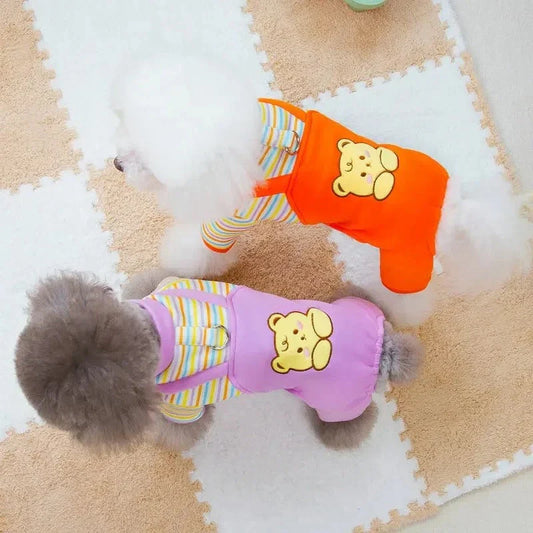 Cosy striped dog jumpsuit pyjamas in various sizes, providing warmth and comfort for your furry friend during the autumn season.