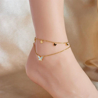 Elegant stainless steel double-layer anklet with charming butterfly charms