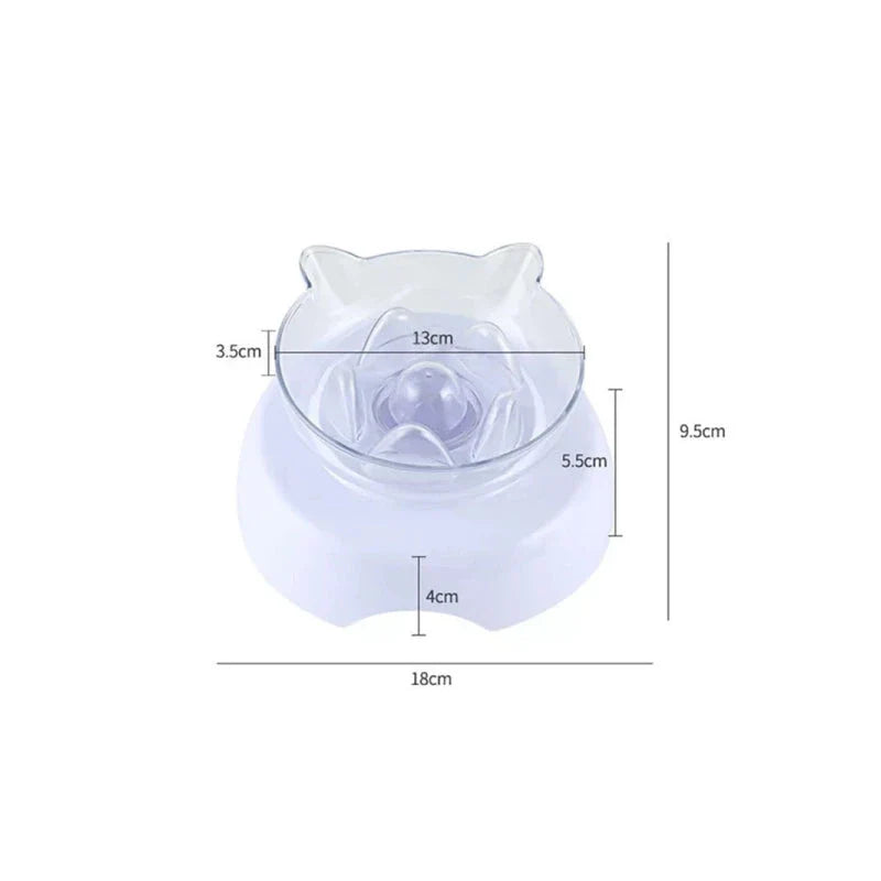 A white 15-degree inclined pet bowl with a non-slip stand, designed to provide a comfortable and healthy mealtime experience for cats and small dogs.