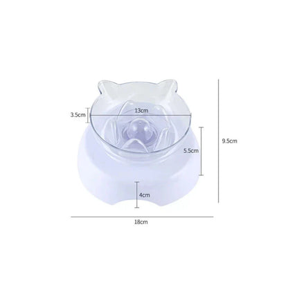 A white 15-degree inclined pet bowl with a non-slip stand, designed to provide a comfortable and healthy mealtime experience for cats and small dogs.
