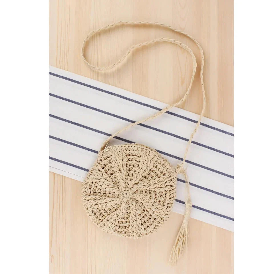 Bohemian Rattan Round Crossbody Bag in Beige Colour with Playful Tassel Accent