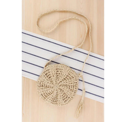 Bohemian Rattan Round Crossbody Bag in Beige Colour with Playful Tassel Accent