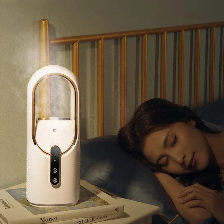 Compact, portable electric fan in off-white colour for student dormitories and small living spaces