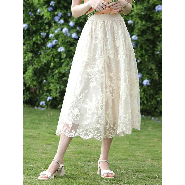 Elegant floral lace A-line skirt in apricot colour, featuring a flattering silhouette and intricate embroidery
