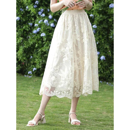 Elegant floral lace A-line skirt in apricot colour, featuring a flattering silhouette and intricate embroidery