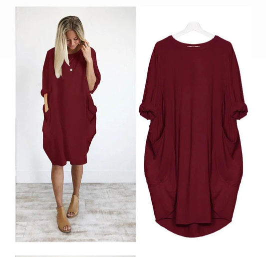 Stylish loose maxi dress with swing stitching detail in various colours, including grey, black, army green, and pink.