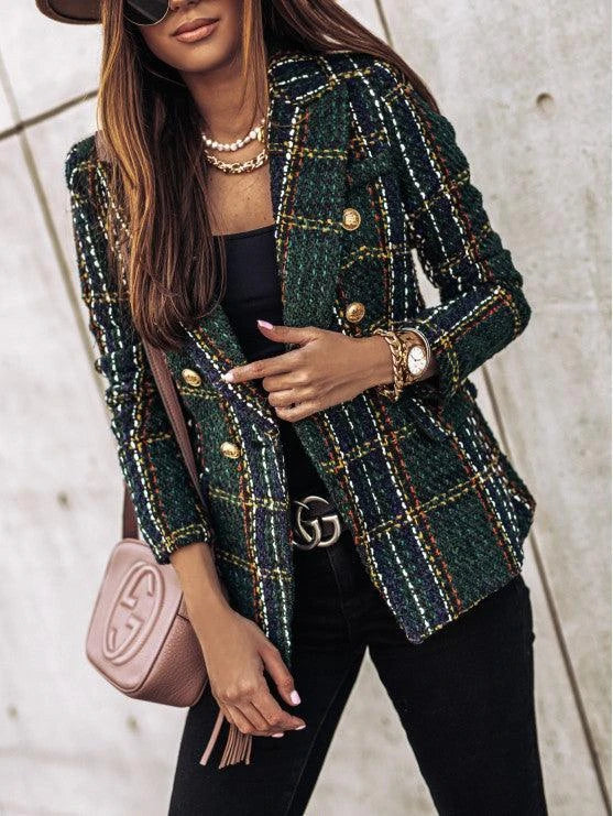 A stylish long sleeve double-breasted printed suit in various colours, including khaki, dark green, wine red, and brown.