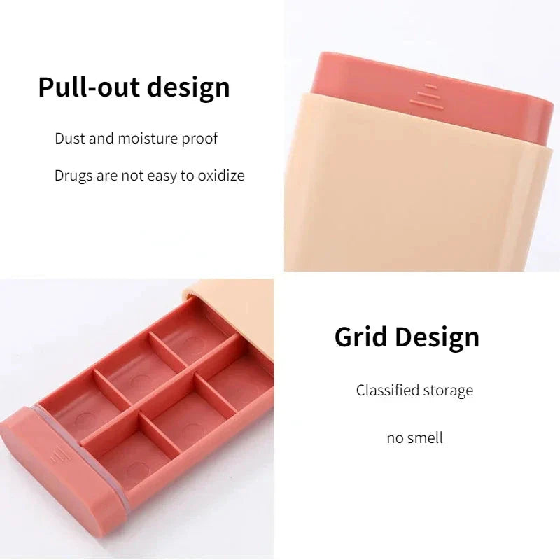 Compact 7-day portable pill organiser with six grids for storing daily medications, supplements, and vitamins