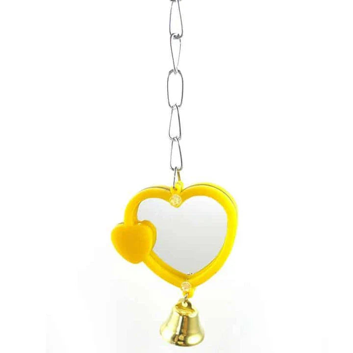 Heart-shaped mirror designed for birds, featuring a reflective surface and sturdy acrylic-metal construction for a captivating visual experience.