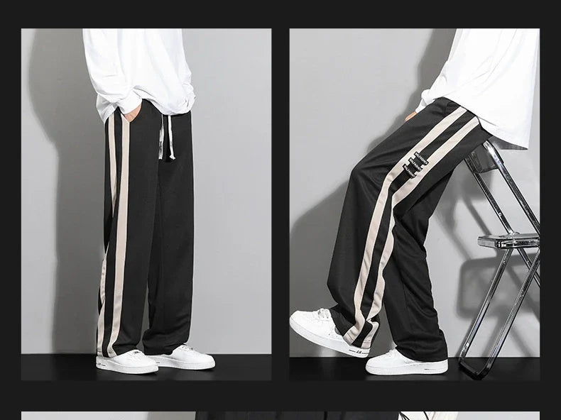 Comfortable striped straight-leg casual trousers in various colours and sizes