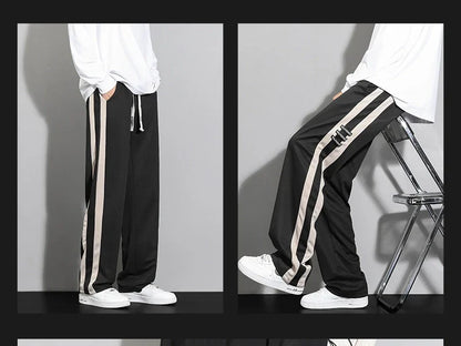 Comfortable striped straight-leg casual trousers in various colours and sizes