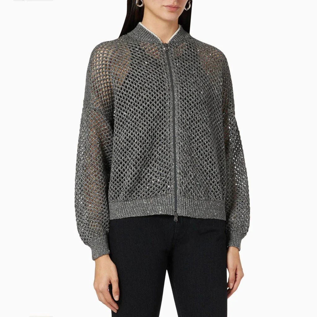 Elegant sequin-embellished linen blend knit top with O-neck collar and long sleeves
