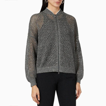 Elegant sequin-embellished linen blend knit top with O-neck collar and long sleeves