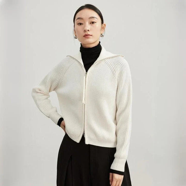 Luxurious 100% wool cardigans in khaki and white, featuring a stylish A-straight pattern and chic turn-down collar for refined autumn and winter style.