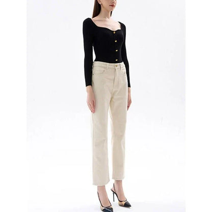 Classic high-waisted straight-leg jeans for women in a timeless British style