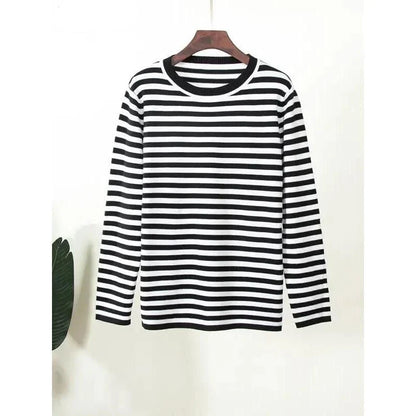 Autumnal knitted stripe jumper in a casual, relaxed style suitable for women during the autumn and winter seasons