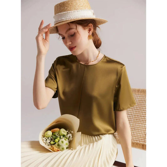 Elegant women's summer tee made of premium mulberry silk with classic O-neck design and short sleeves