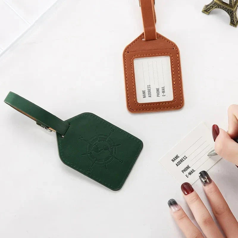 Compass Leather Luggage Tag with Geometric Pattern, Durable PU Leather, and Clear Identification Window