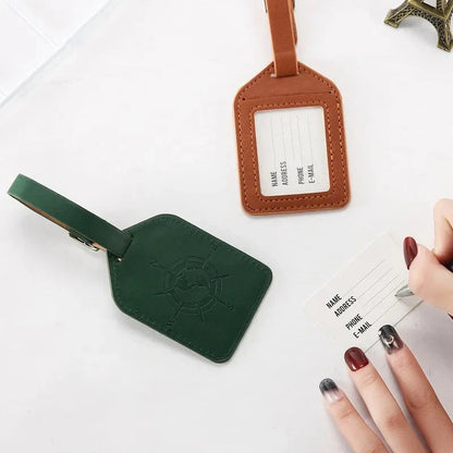 Compass Leather Luggage Tag with Geometric Pattern, Durable PU Leather, and Clear Identification Window