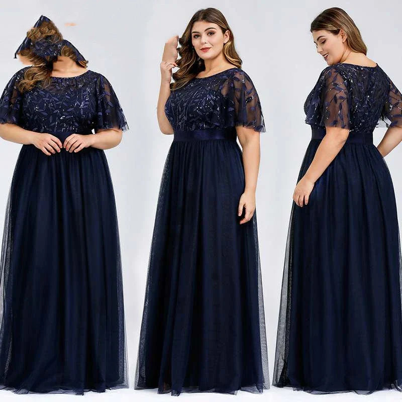 A plus size evening gown with a sparkling sequin mesh overlay in a variety of colours, including white, gray, green, black, gold, wine red, navy blue, bean paste powder, and dirty blue.