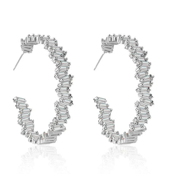 Multicolour glass diamond C-shaped earrings with alloy-inlaid artificial gems and semi-precious stones