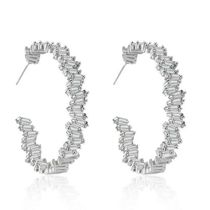Multicolour glass diamond C-shaped earrings with alloy-inlaid artificial gems and semi-precious stones
