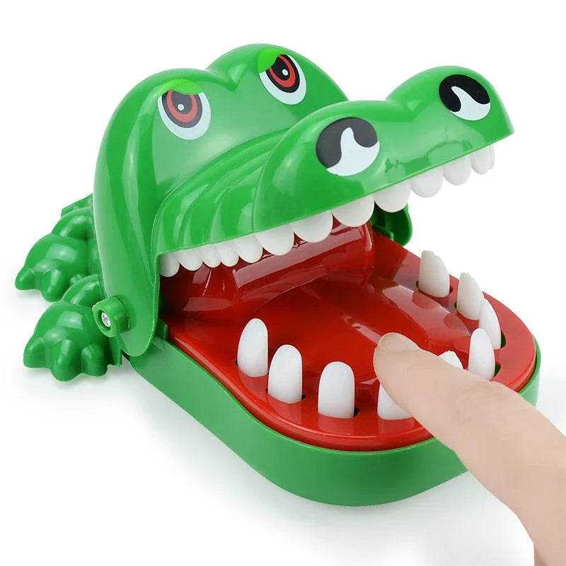 Whimsical green crocodile dentist game with bulging eyes and teeth, perfect for family fun and children's parties