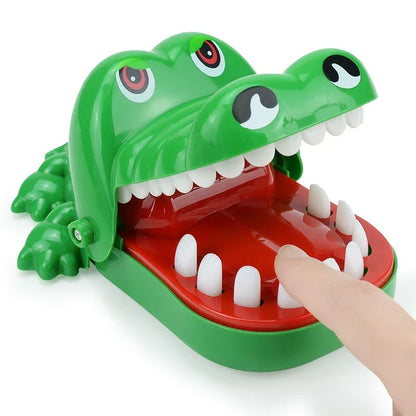 Whimsical green crocodile dentist game with bulging eyes and teeth, perfect for family fun and children's parties
