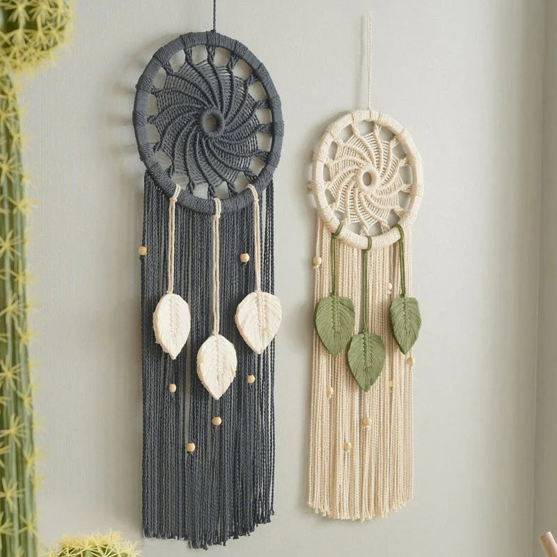 Nordic-style hand-woven wall tapestry with delicate leaf pattern, unique circular design, and premium materials