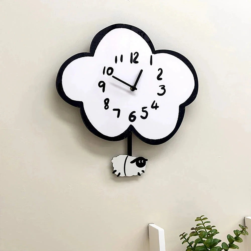 38cm Silent Cartoon Cloud Sheep Swinging Wall Clock, a charming and eco-friendly wall decor with a playful sheep design