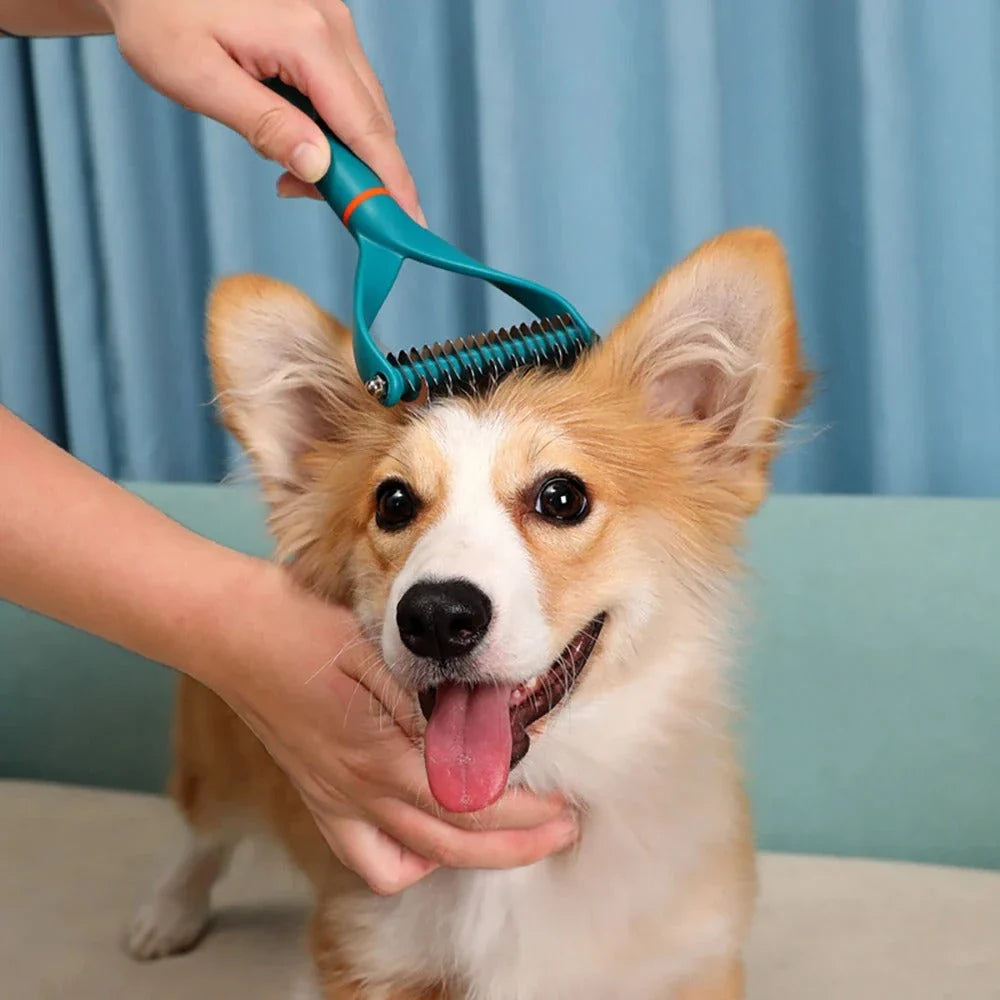 Premium double-sided pet grooming brush with stainless steel combs and ergonomic non-slip handle for cats and dogs