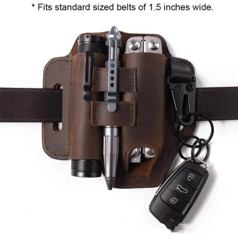 Premium British leather tool carrier with multiple compartments and adjustable strap for hands-free carrying