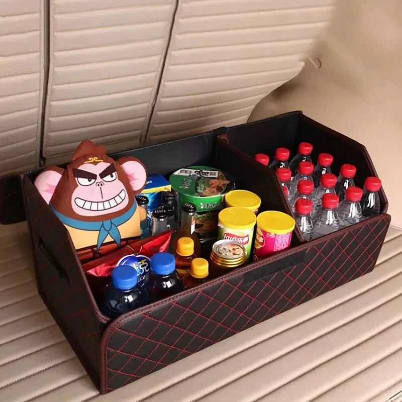 Premium collapsible leather car boot organiser in black, burgundy red, and black red colours