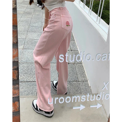 Premium cotton denim high-waist wide-leg trousers in a flattering, figure-hugging silhouette