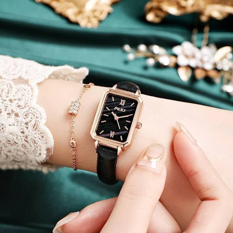 Refined square dial ladies watch with genuine leather strap, minimalist design, and durable aluminium alloy case