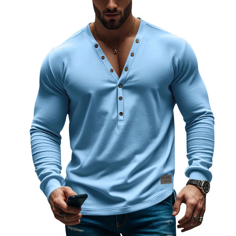 Premium men's slim-fit buttoned v-neck knit top in various colours, showcasing a tailored, sophisticated design