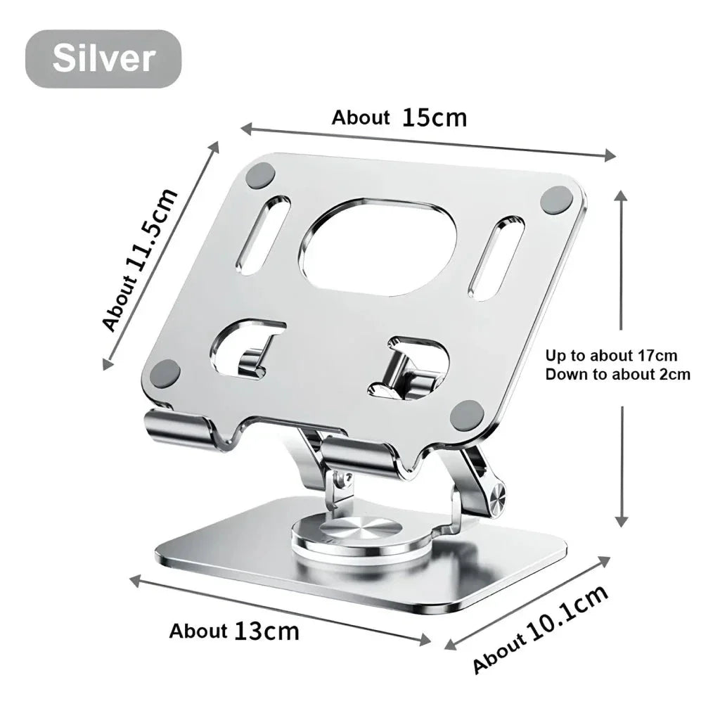 Premium Adjustable 360° Rotating Tablet and Phone Stand made of durable aluminium alloy, foldable for easy travel
