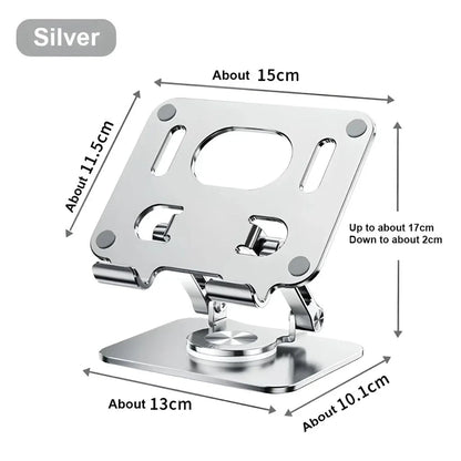 Premium Adjustable 360° Rotating Tablet and Phone Stand made of durable aluminium alloy, foldable for easy travel