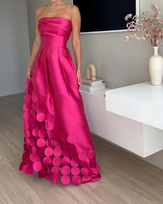 Elegant patchwork satin dress with sleek tube top, high-waist silhouette, and full-length swing skirt in vibrant rose red colour