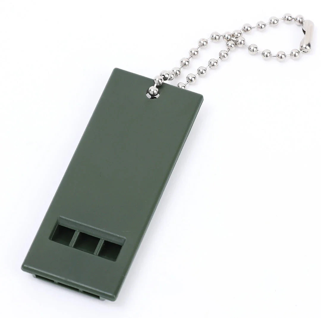 High-decibel outdoor survival whistle in dark green, made of durable polystyrene material for long-lasting use