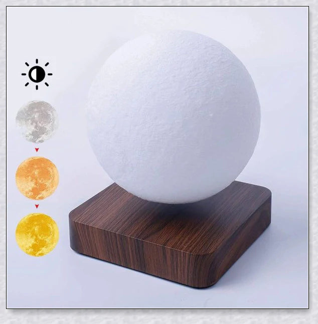 Lunamen Magnetic Levitating Moon Lamp with detailed lunar surface and floating above magnetic base