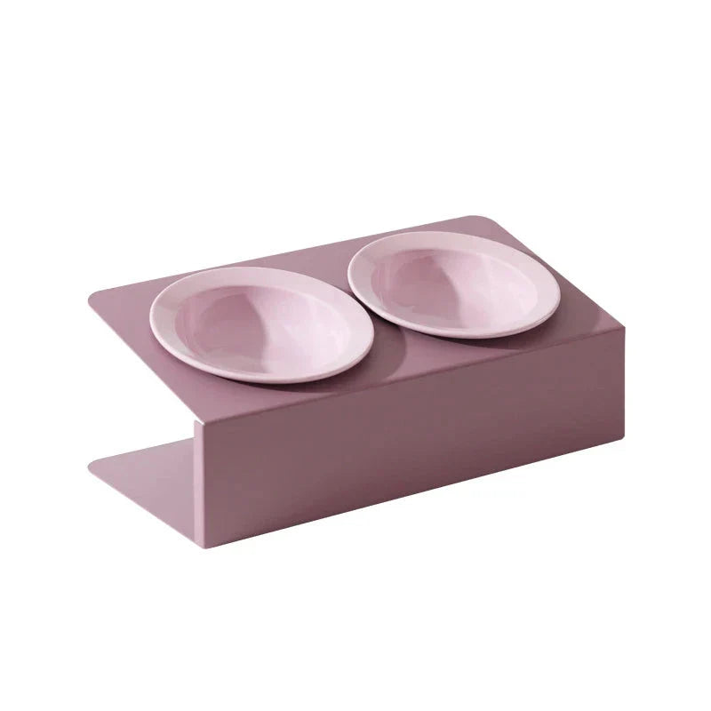 Stylish elevated ceramic pet bowls with an iron stand, designed for both cats and small dogs.